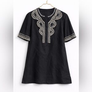 Elie Tahari Beaded Tunic Top M Black Linen Viscose Boho Resort Designer